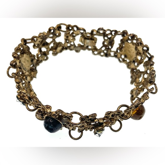 Vintage Gold Tone Ornate Scroll Design Panel Linked Cabochon Gems - Picture 3 of 11